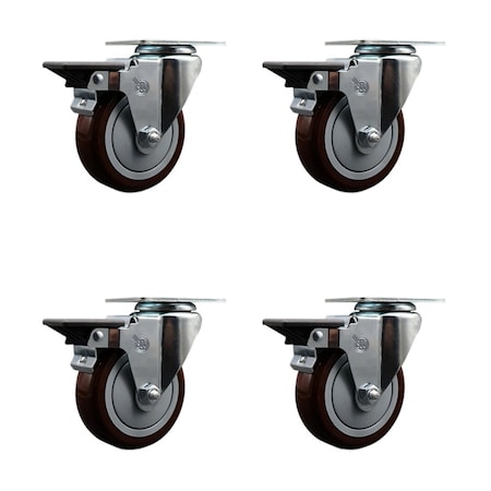 Service Caster 4'' Maroon Poly Wheel Swivel Top Plate Caster Set Posi Brake, 4PK SCC-20S414-PPUB-MRN-PLB-4
